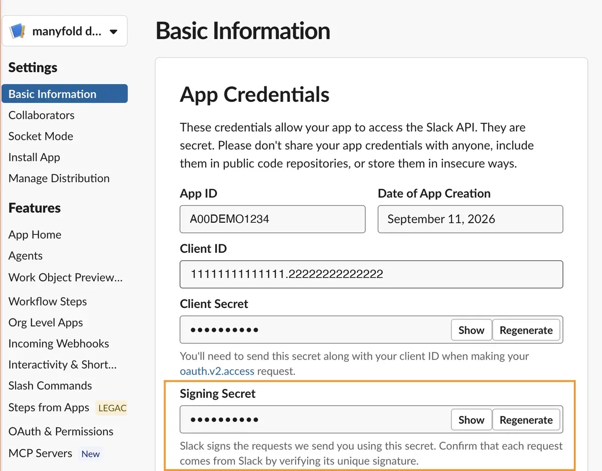 The App Credentials section on Basic Information with the Signing Secret field highlighted