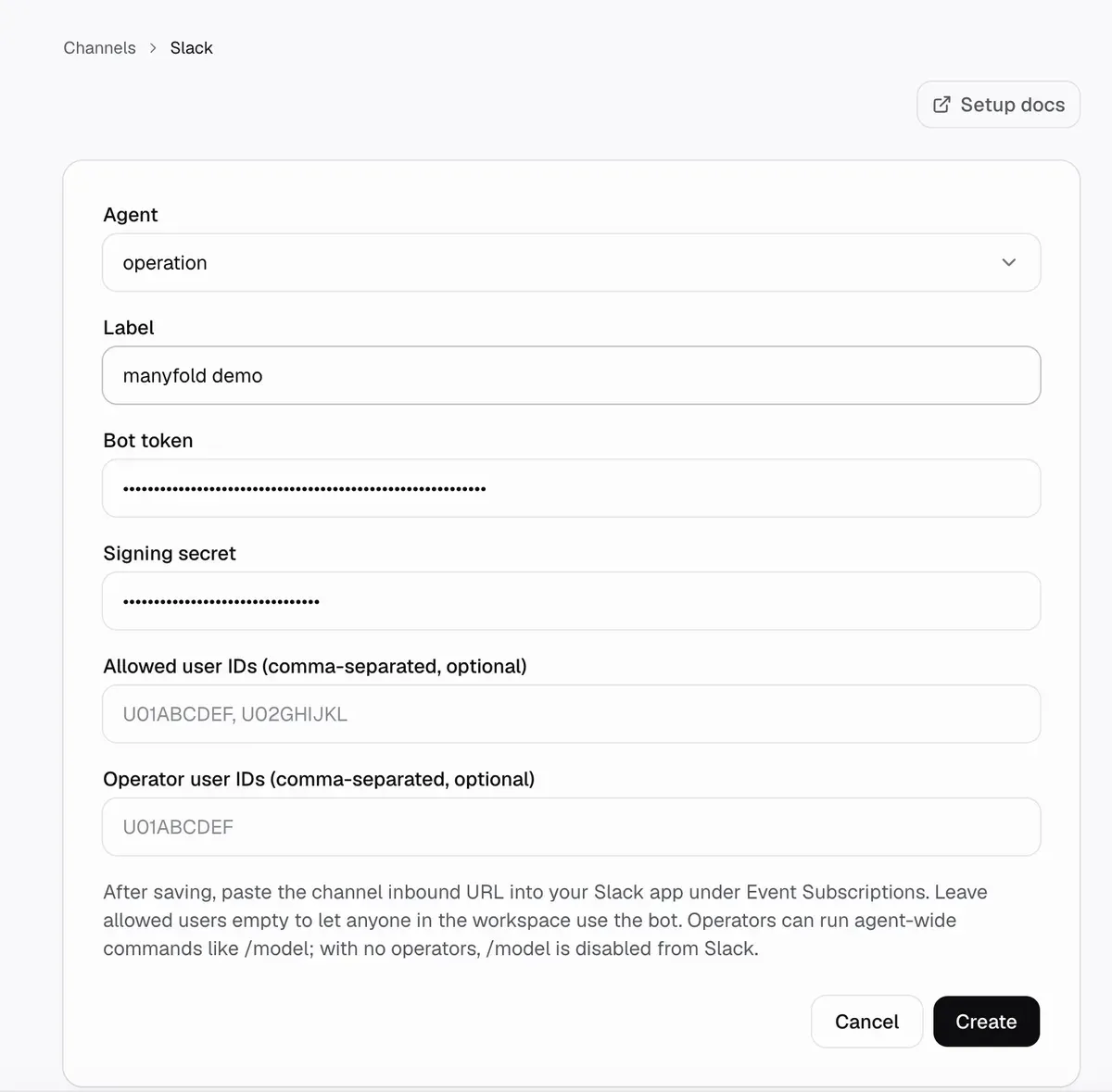 The Manyfold New Slack channel form with the agent, label, bot token and signing secret fields