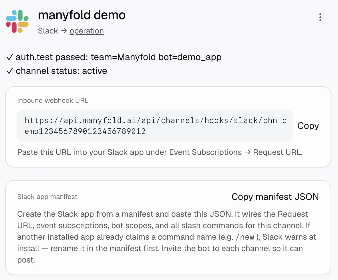 A Manyfold Slack channel page showing the inbound webhook URL and the Slack app manifest