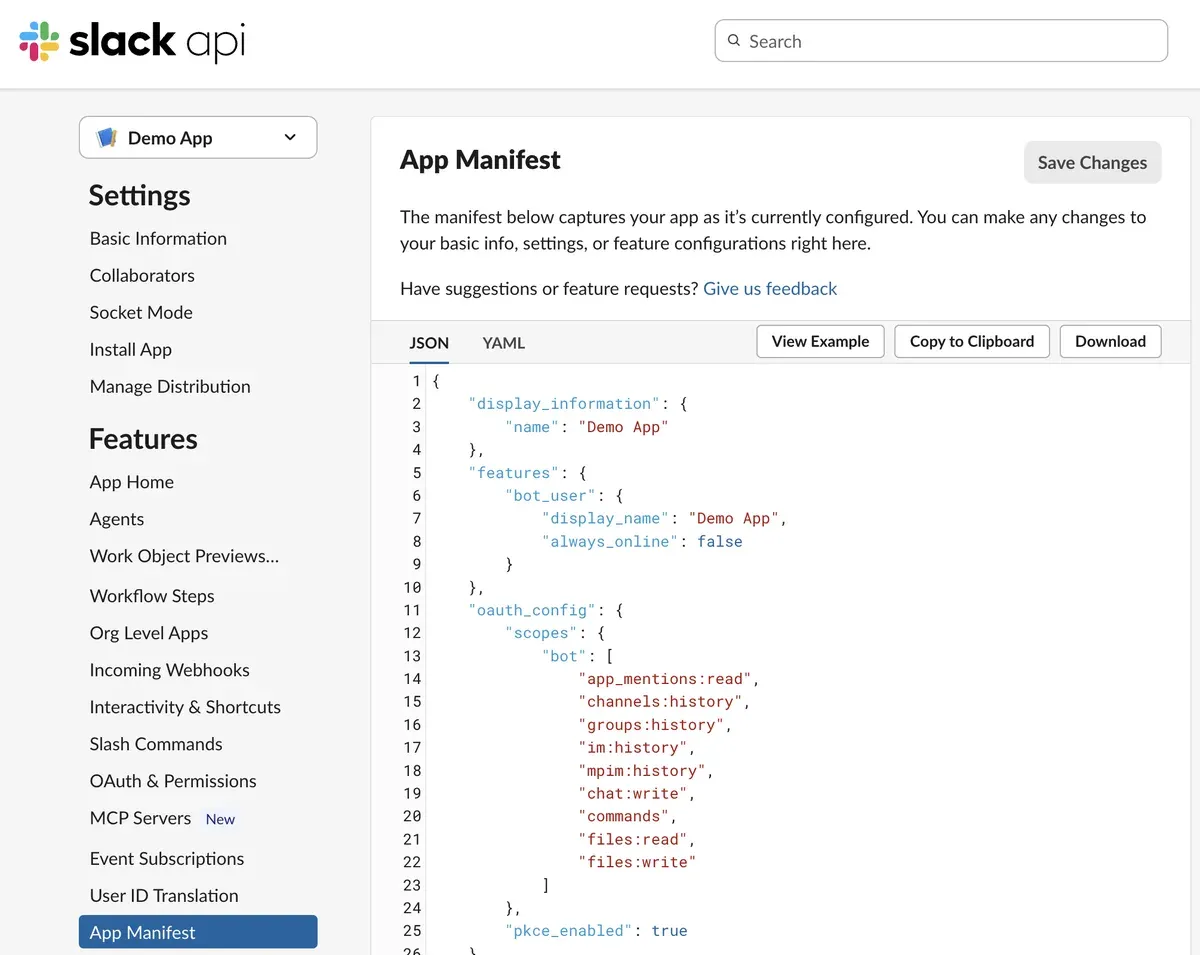 The Slack App Manifest page showing the app's current JSON manifest