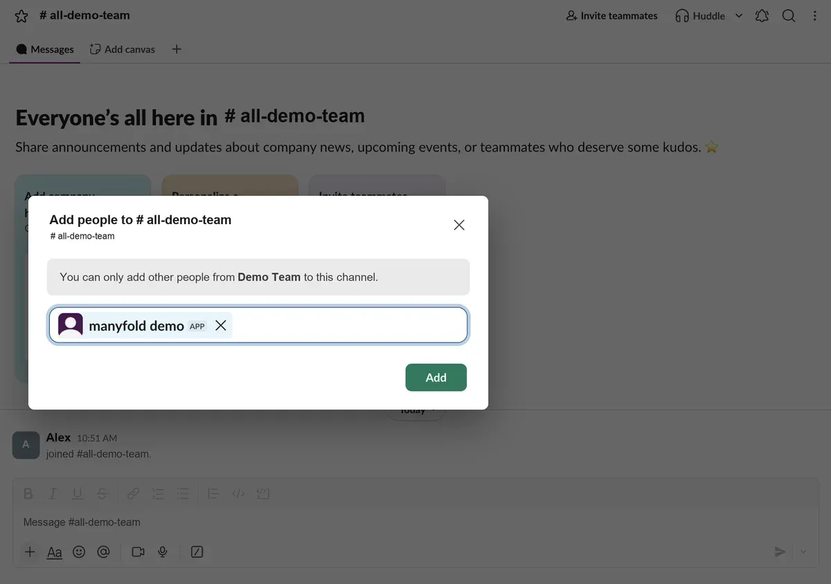 Adding the Slack app to a channel through the Add people dialog