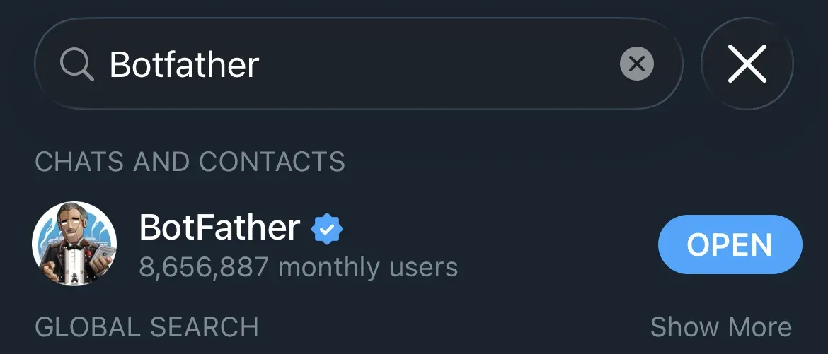 Telegram search results with the verified @BotFather account