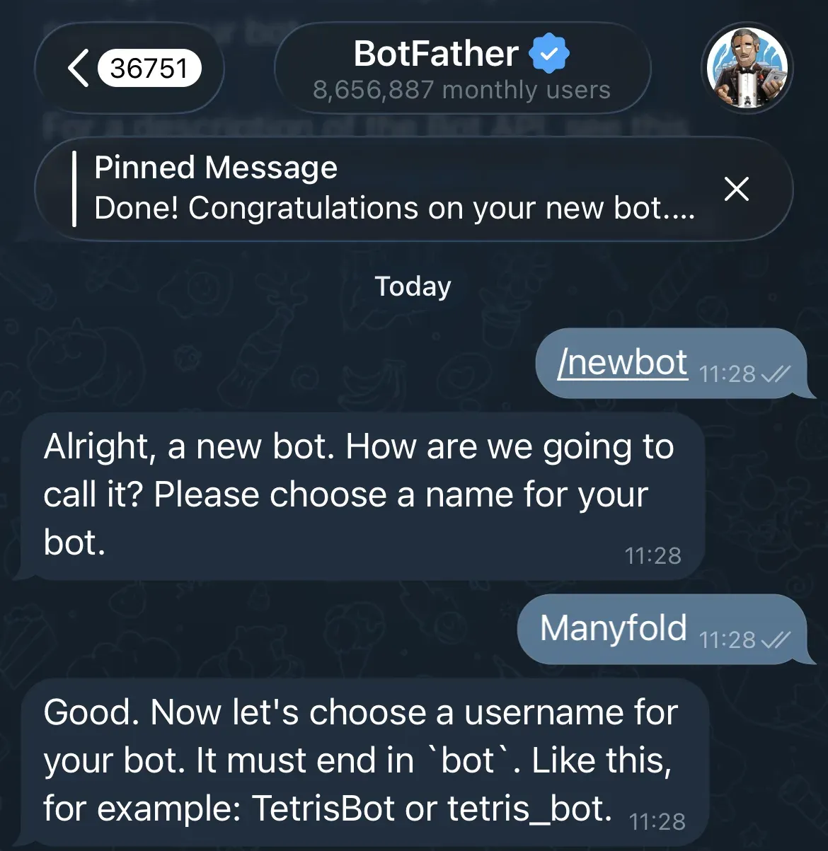 The BotFather /newbot exchange asking for a bot name and username