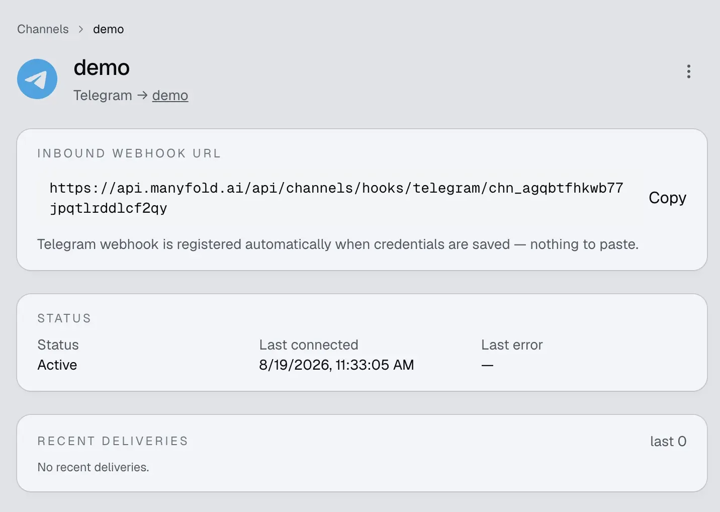 Manyfold Telegram channel details showing bot identity, webhook state, and recent deliveries
