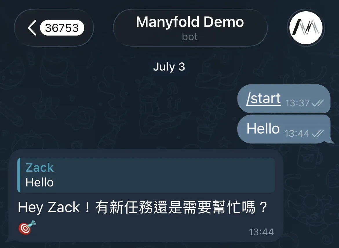 A first Telegram conversation with the demo bot replying