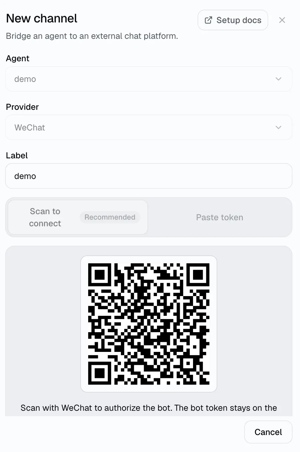 The Manyfold New channel dialog for WeChat with Scan to connect selected and an authorization QR code