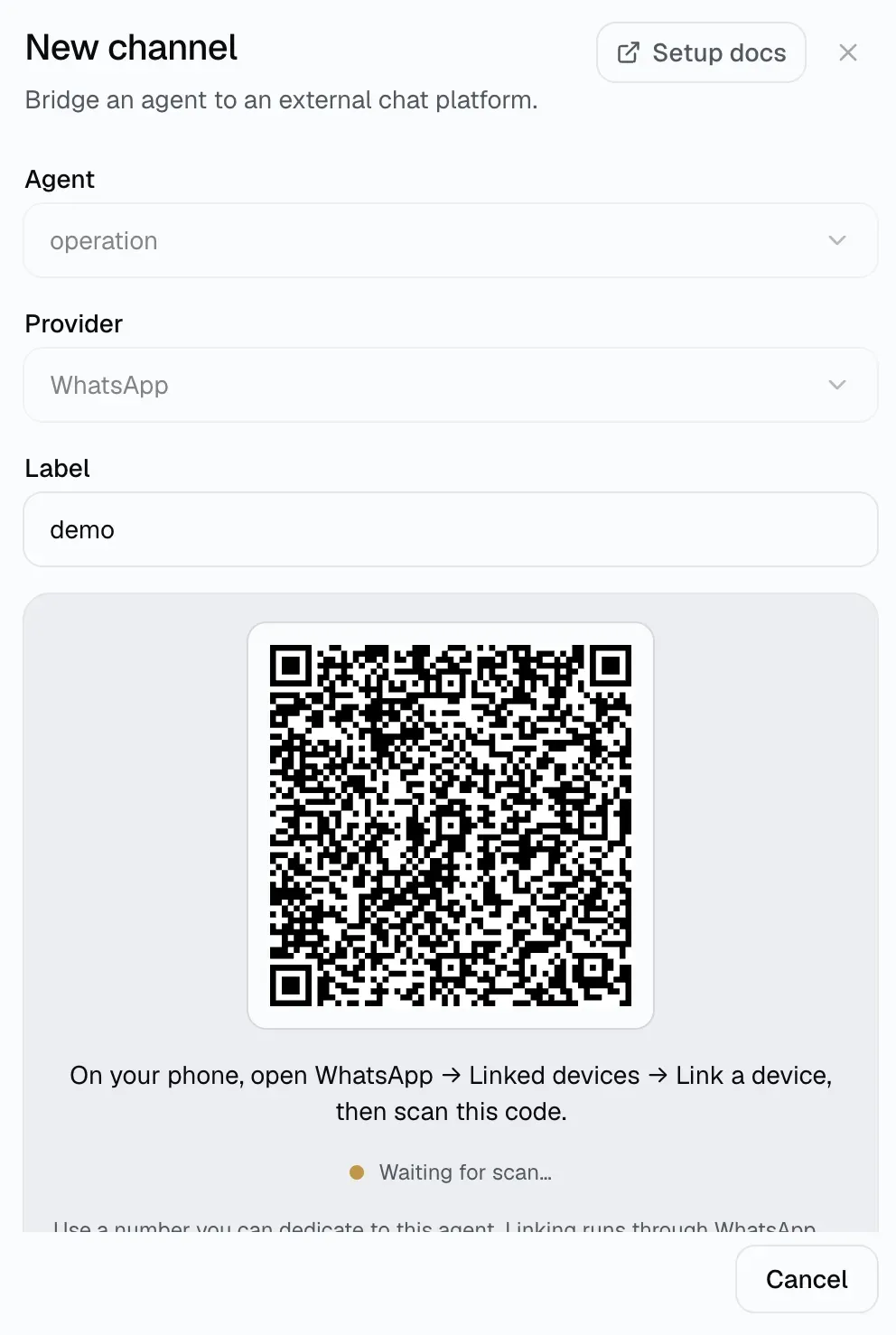 The Manyfold New channel dialog for WhatsApp showing a linking QR code and a waiting-for-scan state
